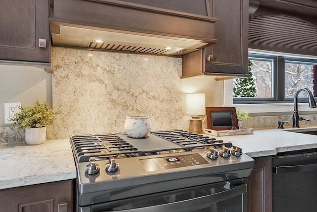 kitchen featuring dishwasher, dark brown cabinets, stainless steel gas range oven, and custom range hood