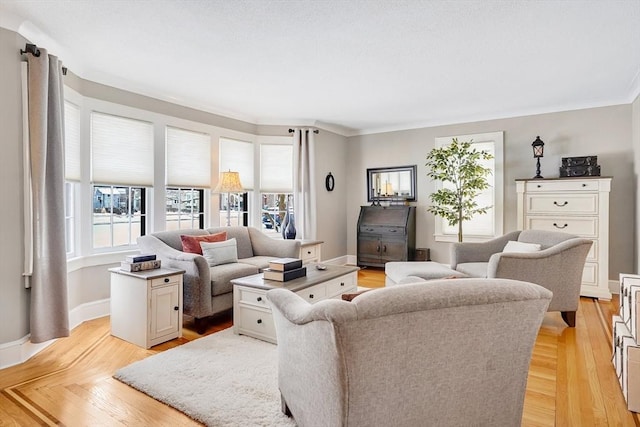 living area featuring light wood-style floors, crown molding, and baseboards