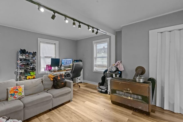 office space featuring crown molding and light hardwood / wood-style floors