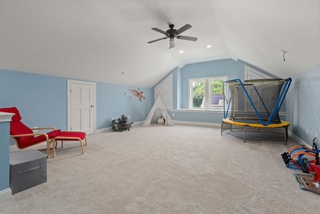 51 Waltham St Unit 3, Maynard, MA 01754 - recreation room with carpet, baseboards, lofted ceiling, a ceiling fan, and recessed lighting