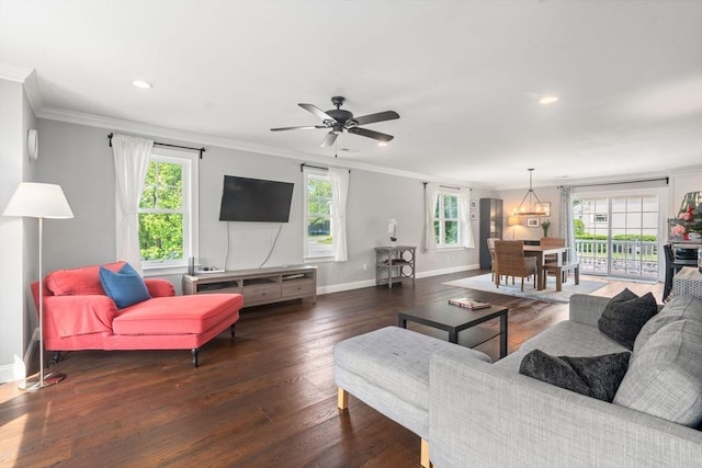 51 Waltham St Unit 3, Maynard, MA 01754 - living room with crown molding, wood-type flooring, baseboards, recessed lighting, and a ceiling fan