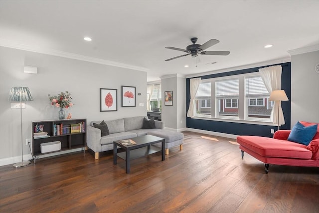 51 Waltham St Unit 3, Maynard, MA 01754 - living room featuring crown molding, wood finished floors, ceiling fan, baseboards, and recessed lighting