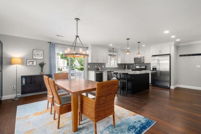 51 Waltham St Unit 3, Maynard, MA 01754 - dining area with baseboards, recessed lighting, ornamental molding, beverage cooler, and dark wood finished floors
