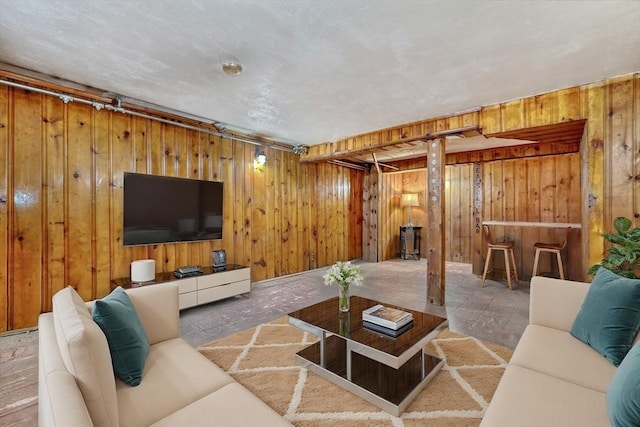 living area featuring wood walls