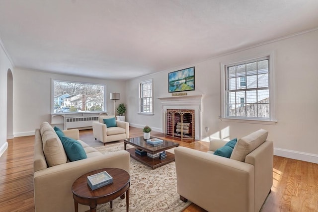 living room featuring radiator, wood finished floors, baseboards, a fireplace with flush hearth, and arched walkways