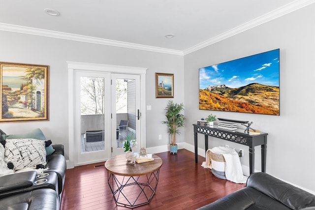 living room featuring crown molding and dark hardwood / wood-style floors