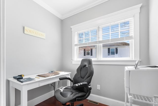 office featuring ornamental molding and wood-type flooring