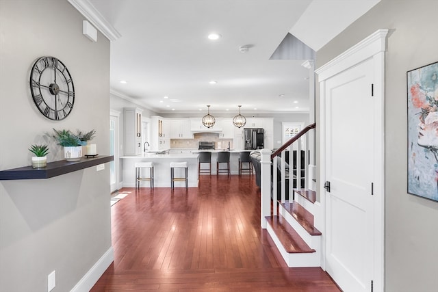 foyer entrance with crown molding and dark wood-type flooring