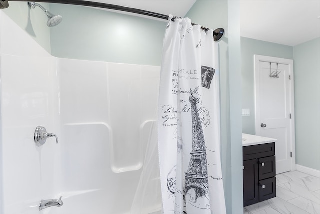 bathroom featuring shower / tub combo, vanity, and tile floors