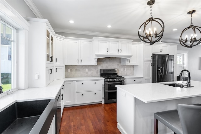 kitchen featuring white cabinets, a wealth of natural light, stainless steel appliances, and ornamental molding