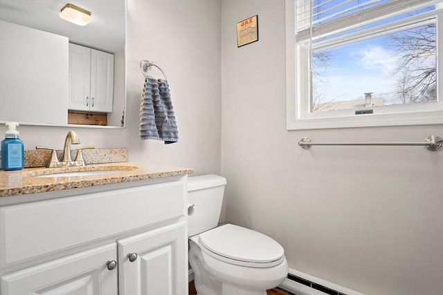 half bathroom with vanity, toilet, and a baseboard radiator