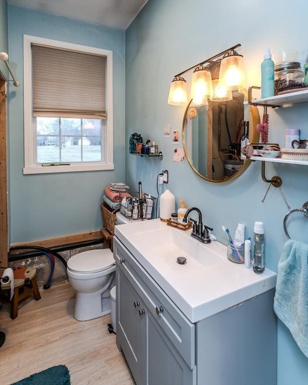 bathroom with wood finished floors, vanity, and toilet