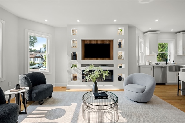 living room with sink, light hardwood / wood-style floors, and a healthy amount of sunlight