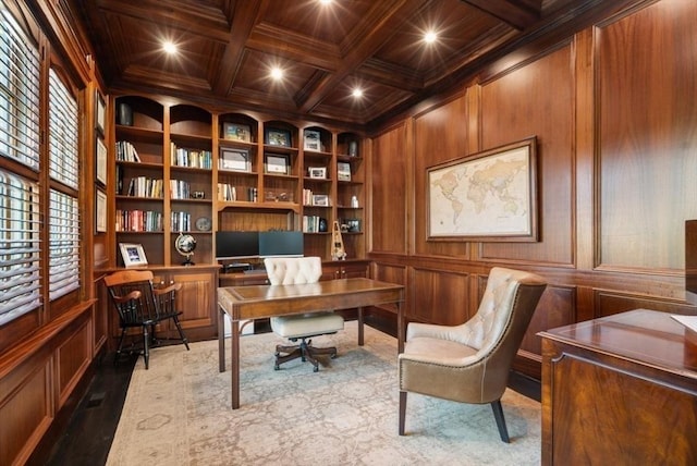 office with built in shelves, coffered ceiling, wood-type flooring, wooden ceiling, and beam ceiling