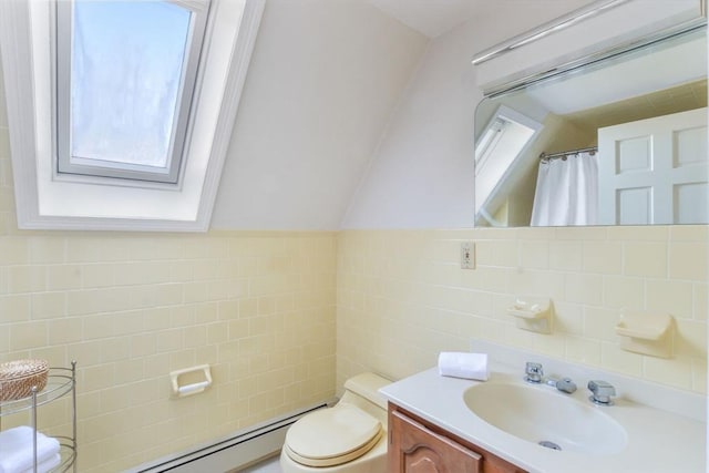 12 Taunton Ave, Marion, MA 02738 - bathroom with toilet, vanity, tile walls, a baseboard radiator, and curtained shower