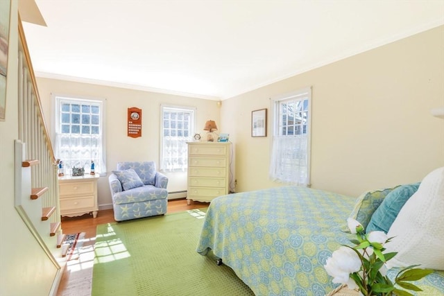 12 Taunton Ave, Marion, MA 02738 - bedroom featuring crown molding, multiple windows, wood finished floors, and a baseboard heating unit