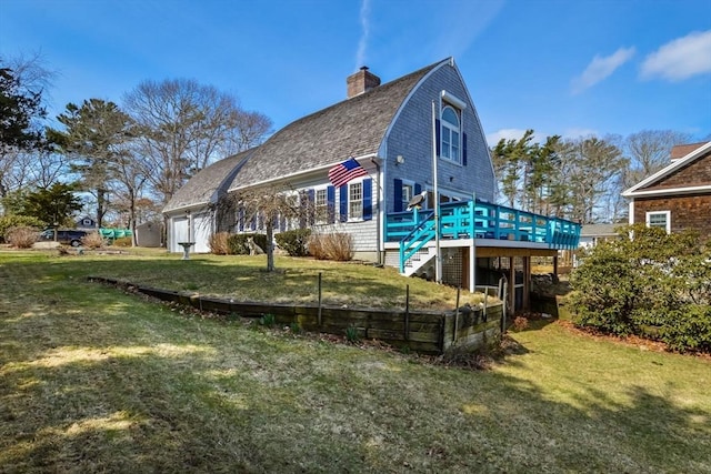 12 Taunton Ave, Marion, MA 02738 - rear view of property with a deck, stairway, a yard, a gambrel roof, and a chimney