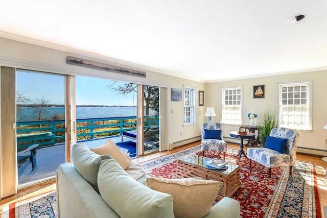 12 Taunton Ave, Marion, MA 02738 - living room with crown molding, a baseboard heating unit, wood finished floors, and plenty of natural light