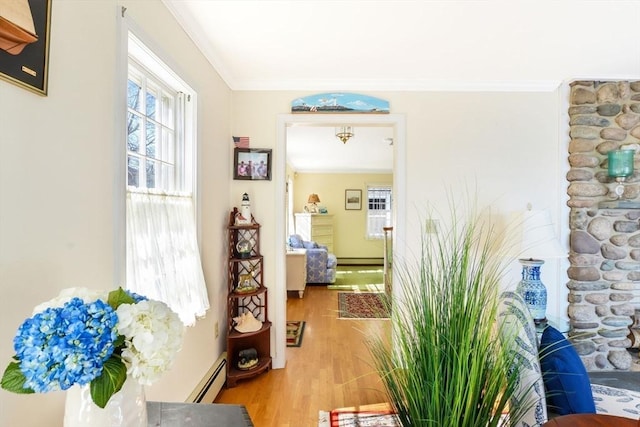 12 Taunton Ave, Marion, MA 02738 - hall featuring baseboard heating, wood finished floors, a baseboard heating unit, and crown molding