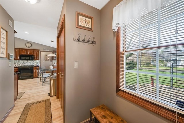 hall with vaulted ceiling, plenty of natural light, and light wood finished floors