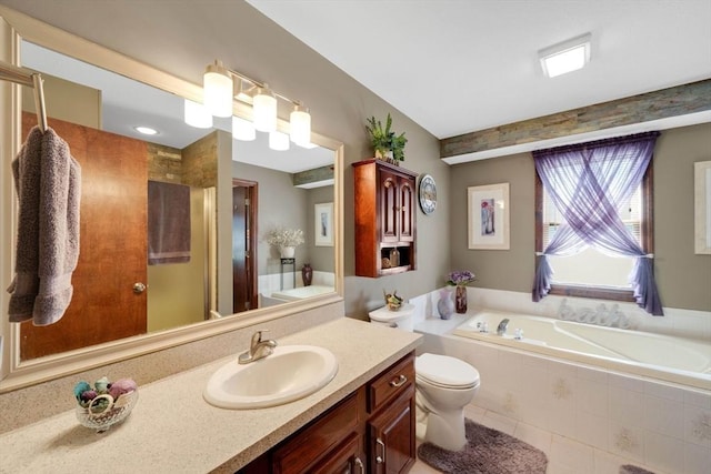 full bathroom with vanity, toilet, tile patterned floors, a shower, and a garden tub