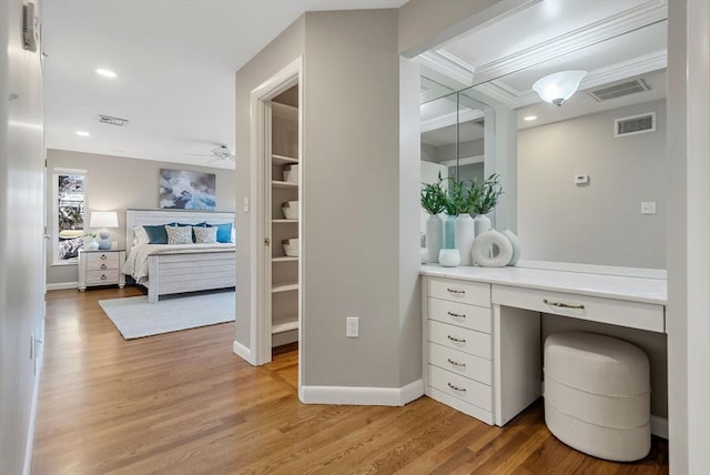 office space with ceiling fan, recessed lighting, visible vents, baseboards, and light wood finished floors