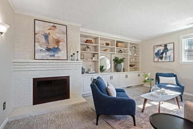 sitting room featuring crown molding, a brick fireplace, light carpet, a textured ceiling, and baseboards