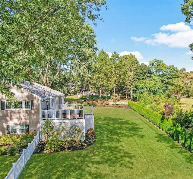 view of yard with fence and a deck