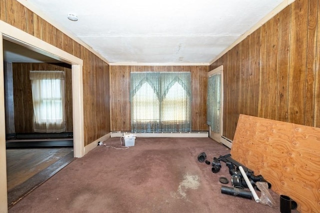 127 Cliff St, Southbridge, MA 01550 - empty room featuring plenty of natural light, wood walls, a baseboard heating unit, and carpet floors