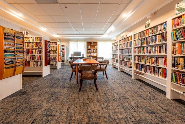 living area with carpet, wall of books, and a tray ceiling