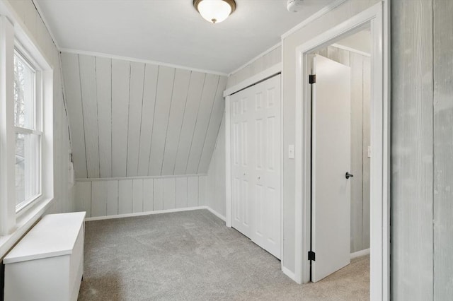 additional living space with vaulted ceiling, carpet, and wooden walls