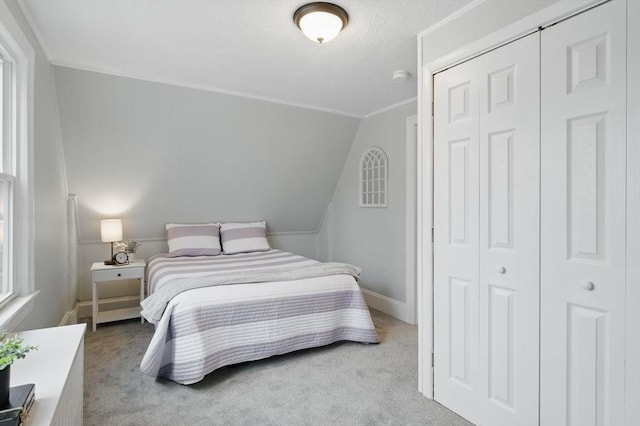 carpeted bedroom featuring a closet, crown molding, and a textured ceiling