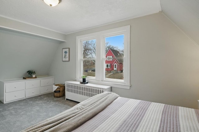 carpeted bedroom with vaulted ceiling, radiator heating unit, and a textured ceiling