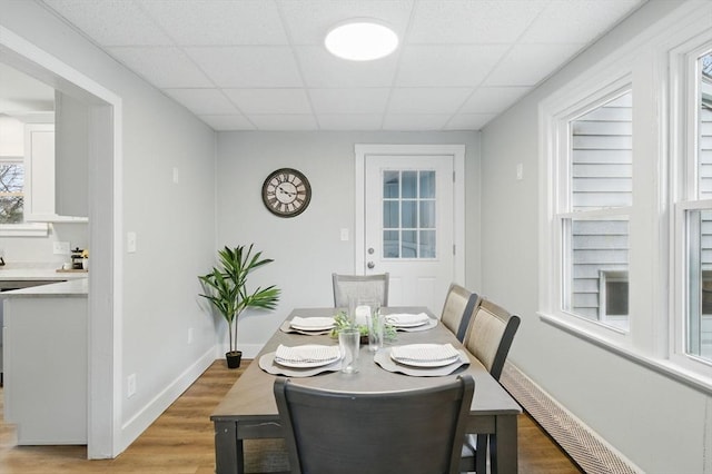 dining room featuring light wood finished floors, a drop ceiling, and baseboards