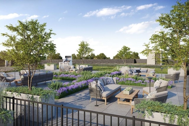 view of patio with fence and an outdoor living space