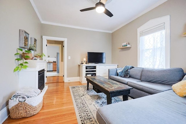 253 Front St, Weymouth, MA 02188 - living area featuring ornamental molding, light wood-style flooring, a ceiling fan, a glass covered fireplace, and baseboards