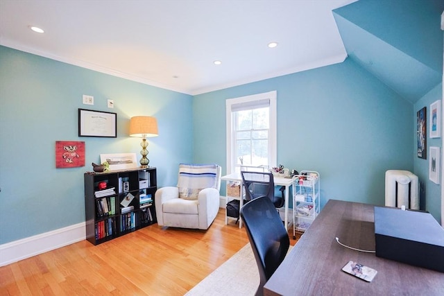 253 Front St, Weymouth, MA 02188 - office space featuring wood finished floors, baseboards, recessed lighting, ornamental molding, and lofted ceiling