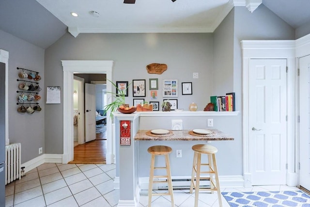 253 Front St, Weymouth, MA 02188 - kitchen featuring radiator, lofted ceiling, light tile patterned floors, baseboard heating, and a kitchen bar