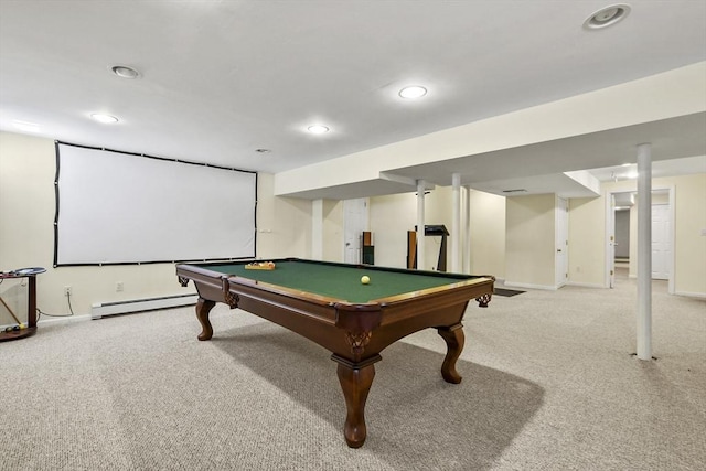 playroom with billiards, a baseboard heating unit, recessed lighting, carpet floors, and baseboards