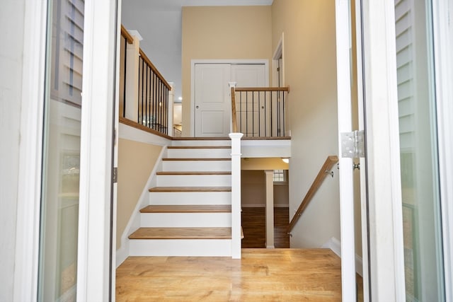 stairway with wood-type flooring