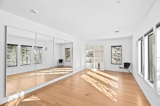 workout room featuring plenty of natural light and light hardwood / wood-style flooring