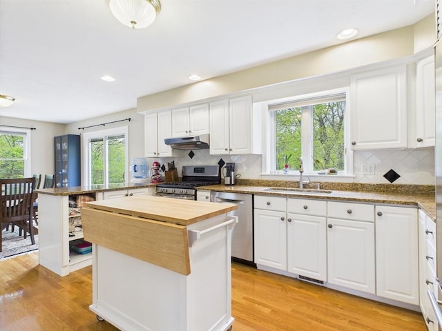 kitchen with appliances with stainless steel finishes, butcher block countertops, a sink, under cabinet range hood, and light wood-style flooring