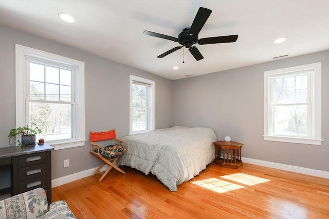 bedroom with light wood-style floors, baseboards, visible vents, and recessed lighting