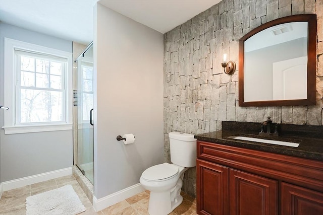 full bath with toilet, a stall shower, visible vents, and vanity