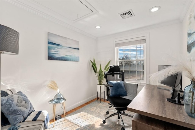 office space featuring crown molding and light hardwood / wood-style floors