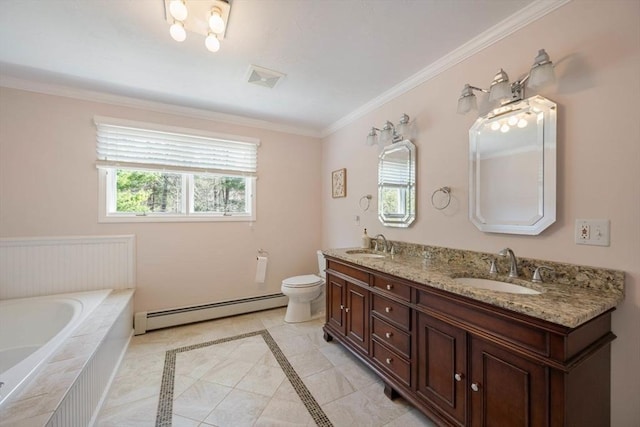 bathroom with a baseboard heating unit, tiled tub, toilet, double vanity, and ornamental molding