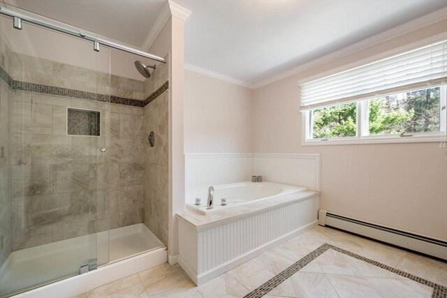 bathroom with crown molding, a baseboard radiator, a stall shower, a garden tub, and tile patterned floors