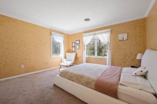 carpeted bedroom featuring ornamental molding, baseboards, and wallpapered walls