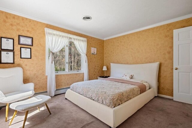 bedroom featuring carpet, ornamental molding, wallpapered walls, baseboards, and baseboard heating
