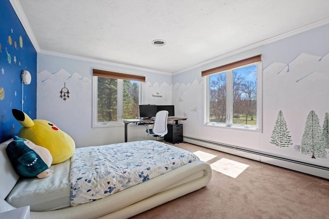 bedroom featuring crown molding, a baseboard radiator, and carpet flooring
